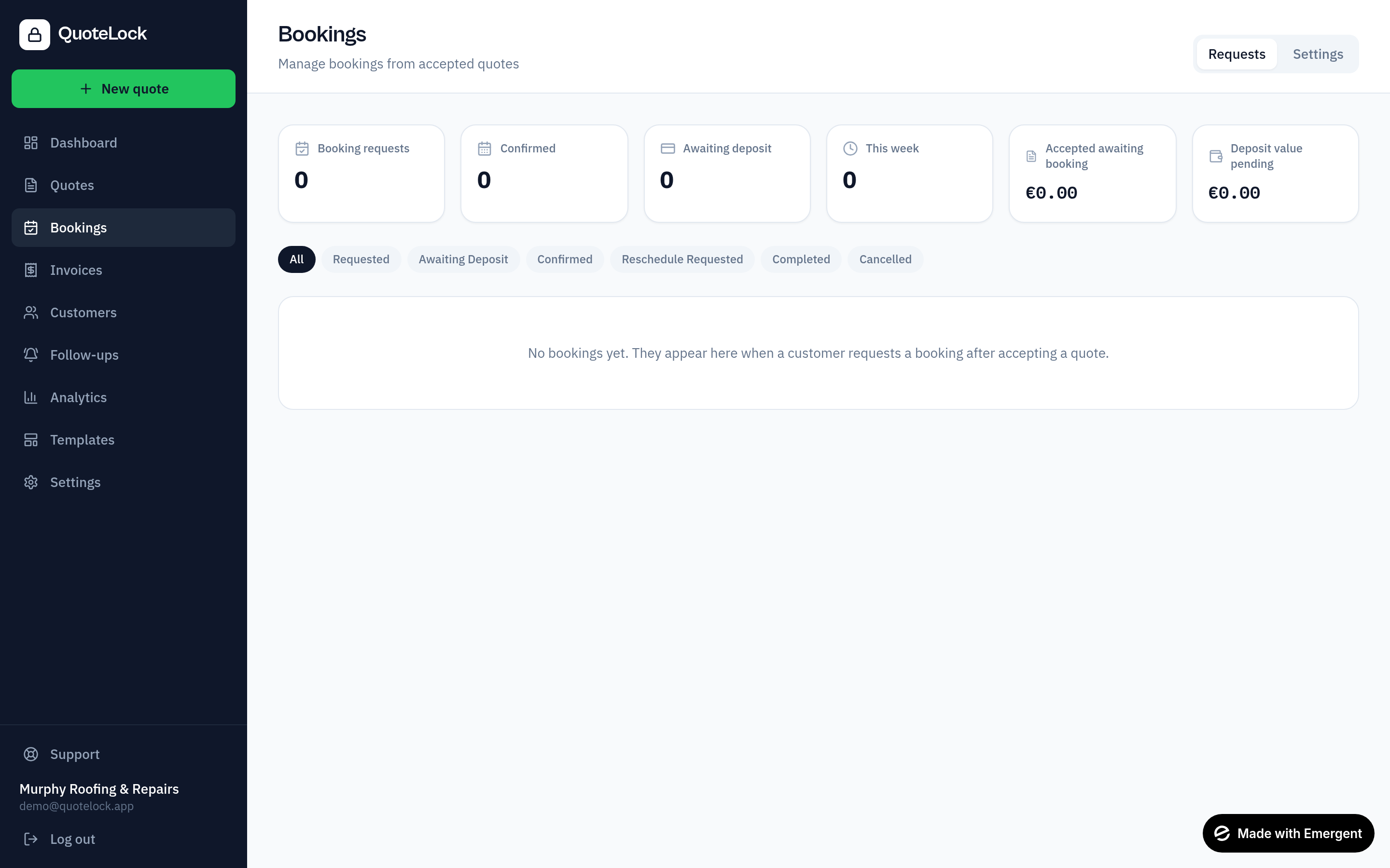 The bookings dashboard in QuoteLock