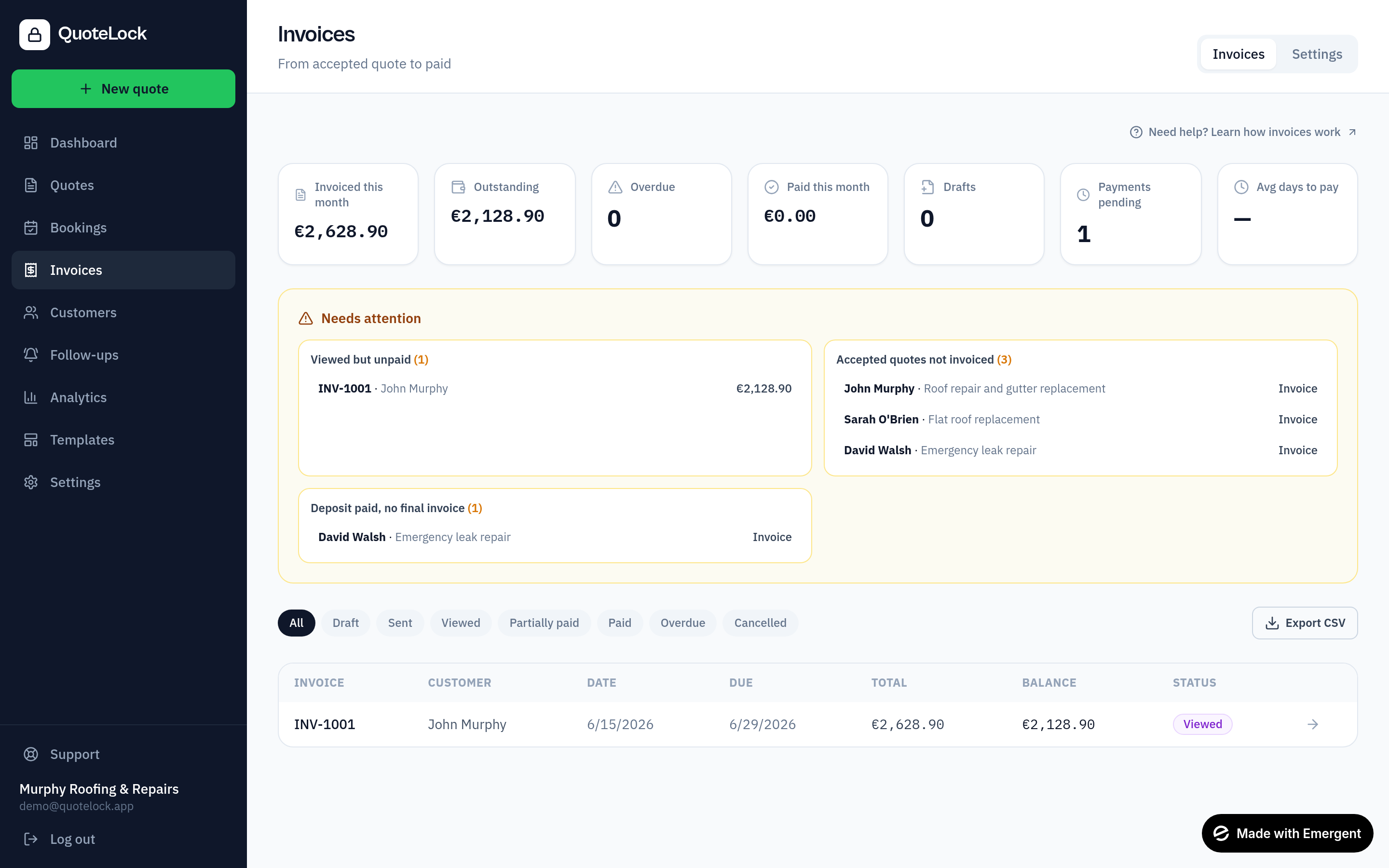 The invoices dashboard in QuoteLock