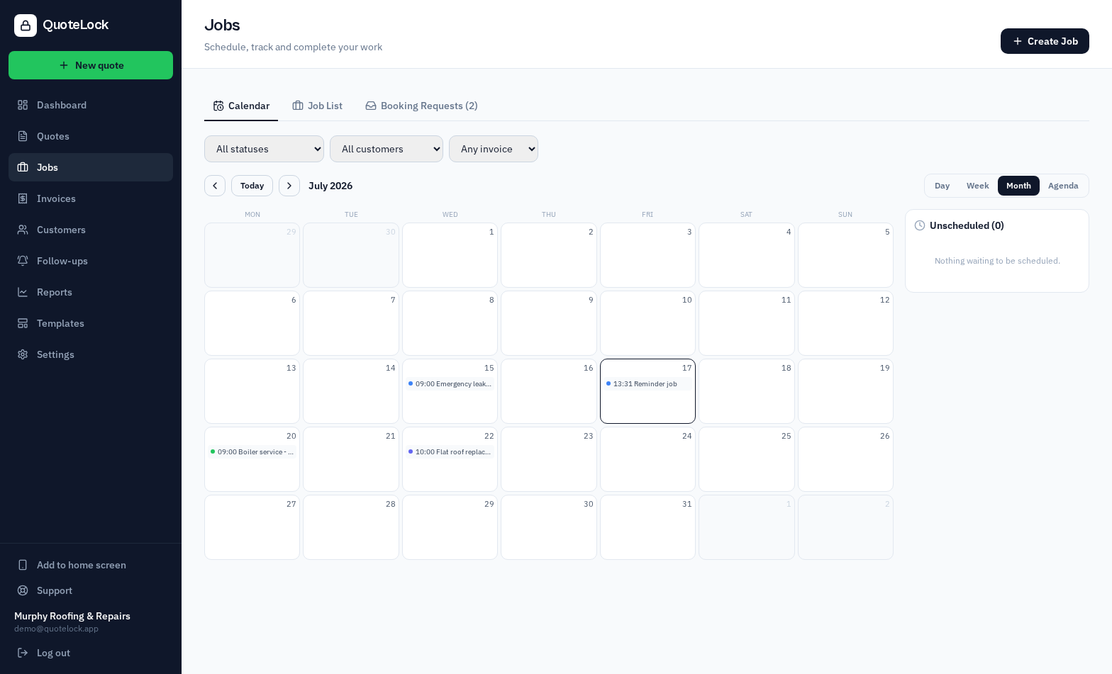 The jobs calendar in QuoteLock