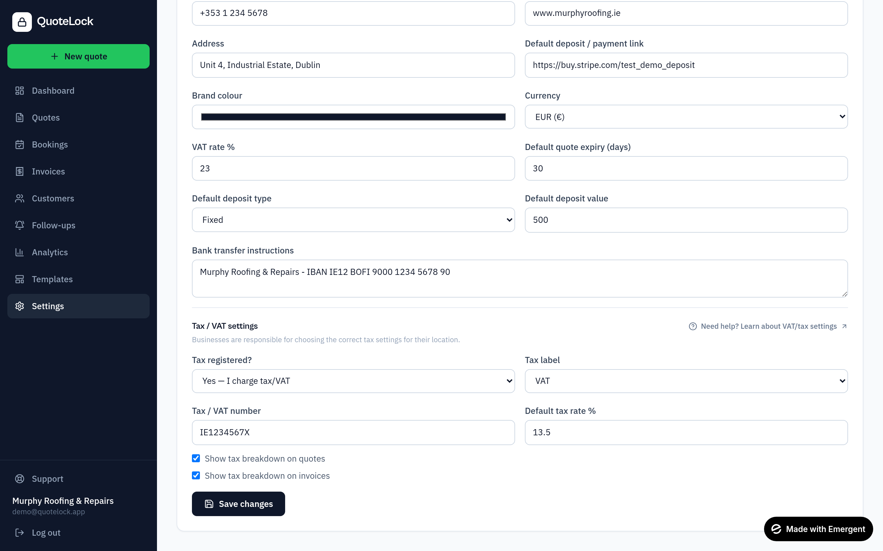 VAT / tax settings in QuoteLock